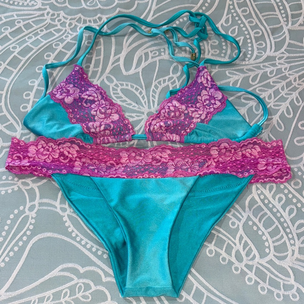 Turquoise Satin & Purple Lace Bikini Set - Beach Bunny
